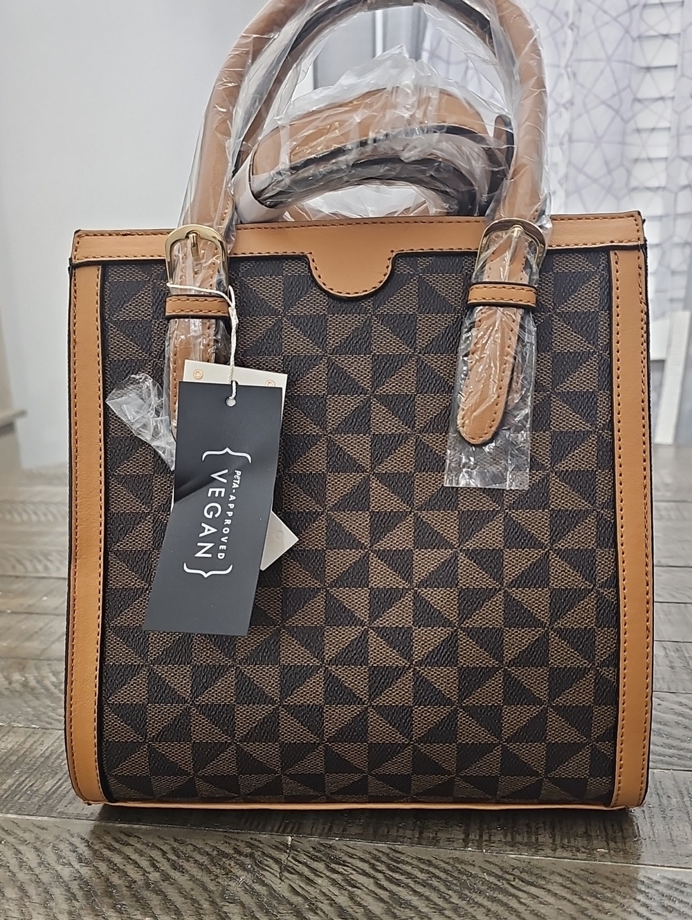 Vegan Brown Geometric Tote Bag with Tan Trim